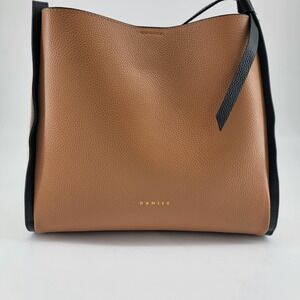 Danier Women Cream Brown Leather Shoulder Bag Pebbled Medium Purse
